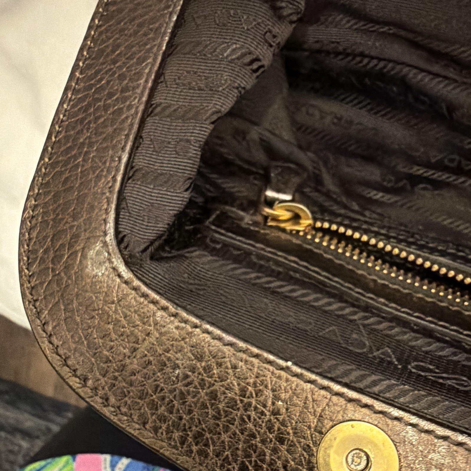 PRADA Brown Pebbled Satchel Top Handle Double Handles Zip Logo Bag Charm