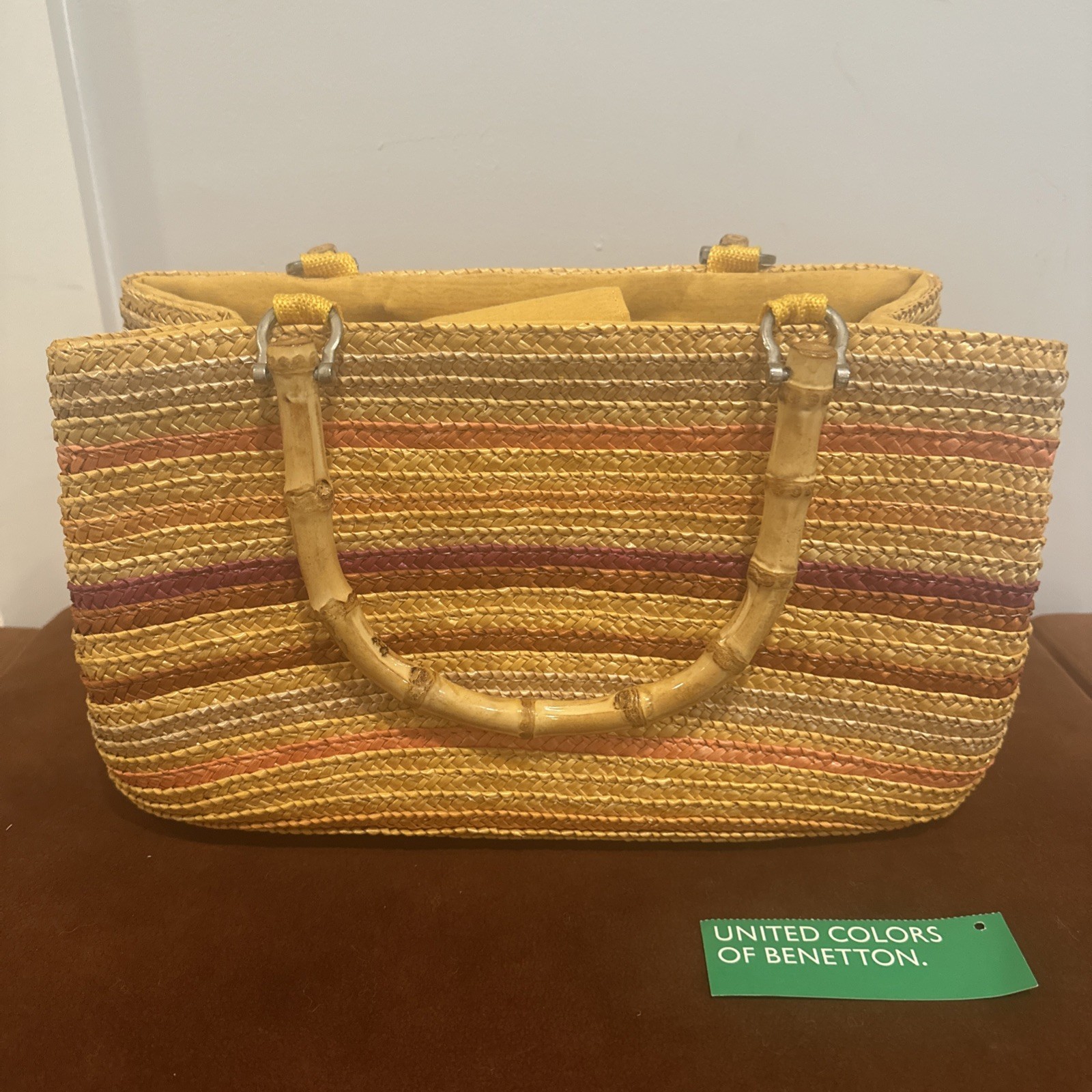 Vintage United Colors Of Benetton Straw Bag 90s Bamboo Handle