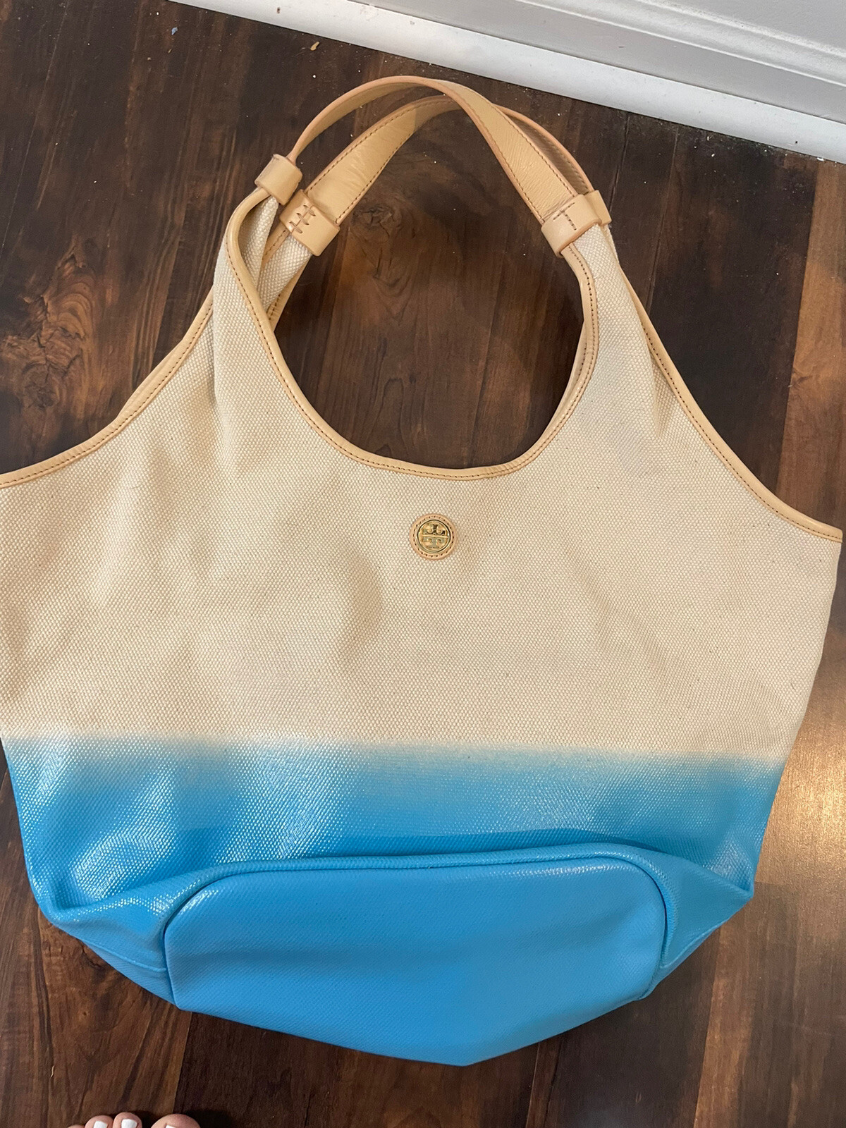 Tory Burch Summer Slouchy Hobo Natural/Juniper Berry Multi-Color Tote Bag-nice!