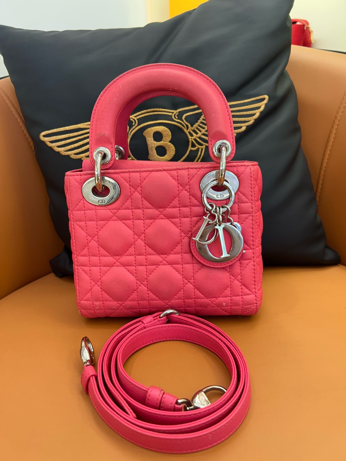 Dior Lady Dior Mini Pink Leather Cannage Bag Gold Hardware Auth.