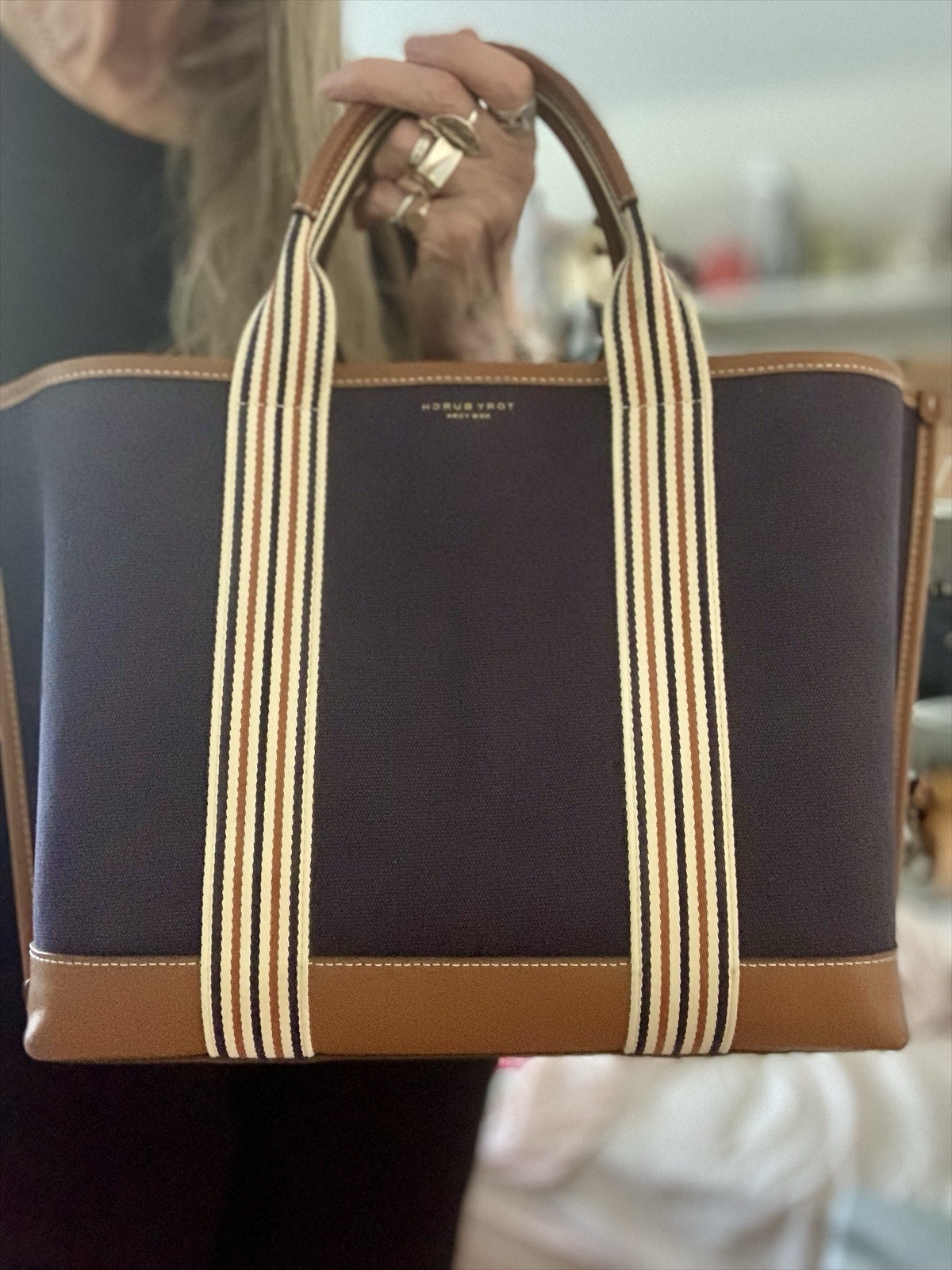 TORY BURCH PERRY MULTI STRIPE LOGO CANVAS & LEATHER TOTE BAG
