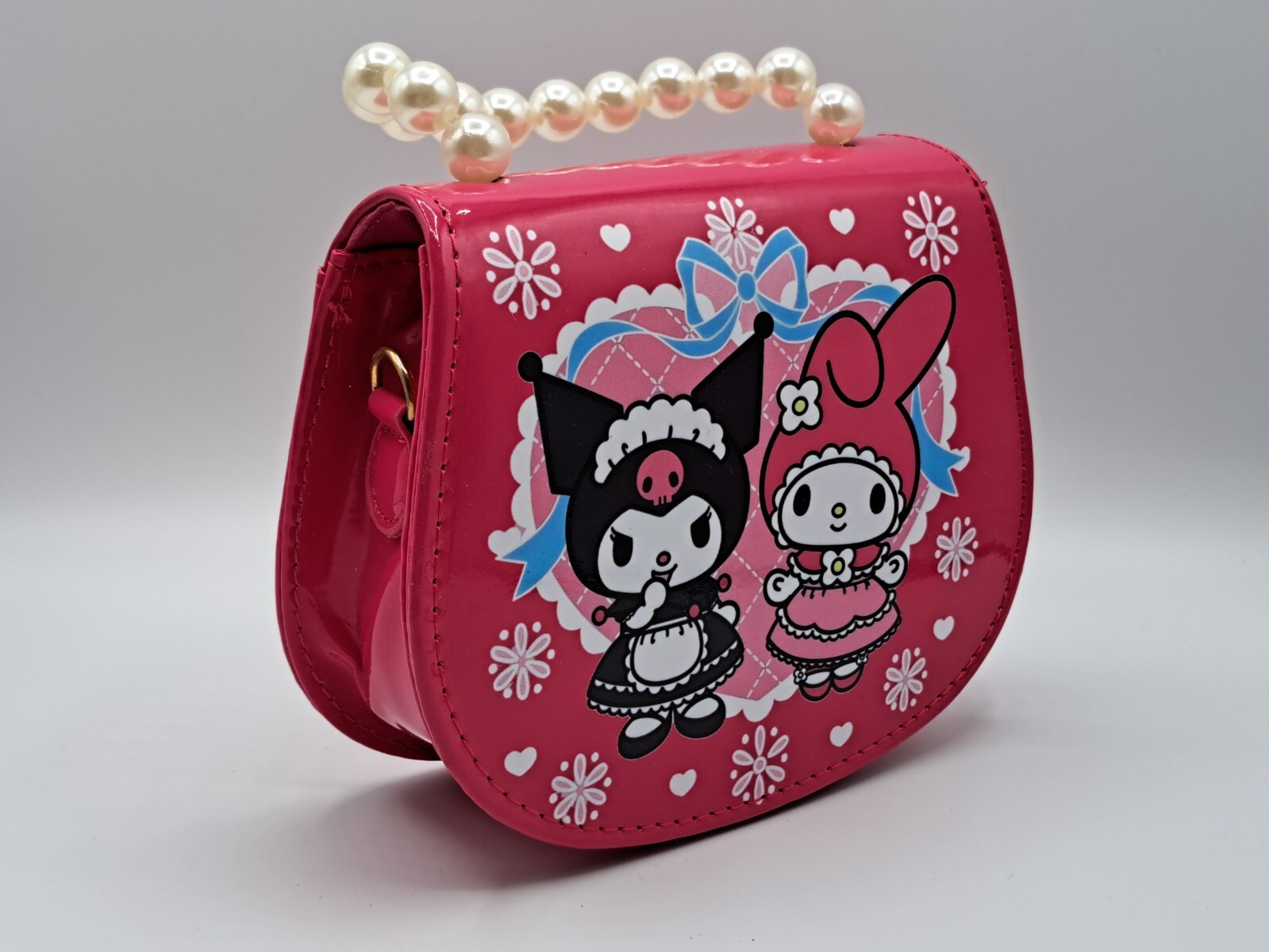 Kuromi & My Melody Dark Pink Purse with Flowers and Pearl Handle NEW
