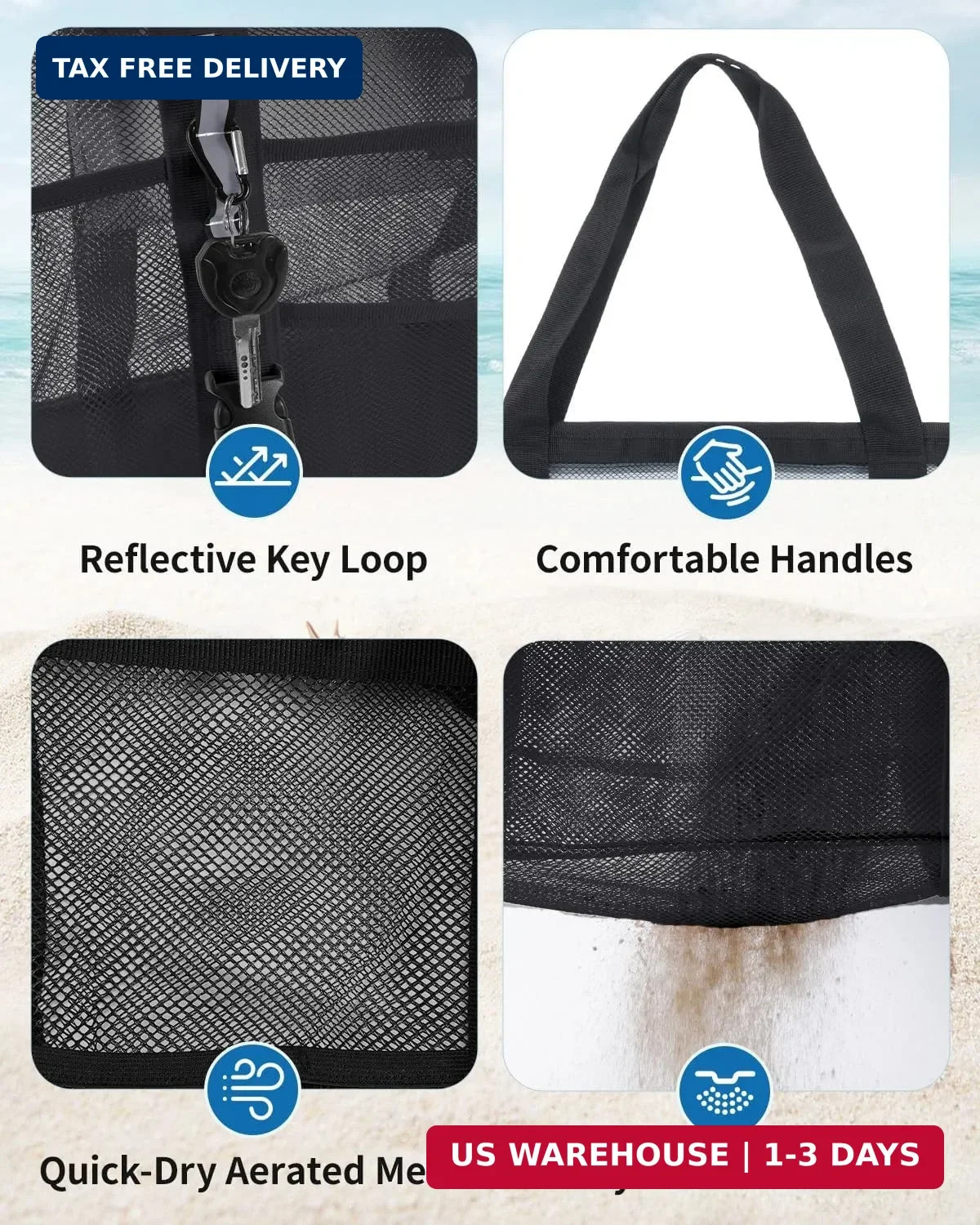 WANDF Mesh Beach Bag for Women, Large Beach Tote Bags with 40oz Tumbler Side Poc