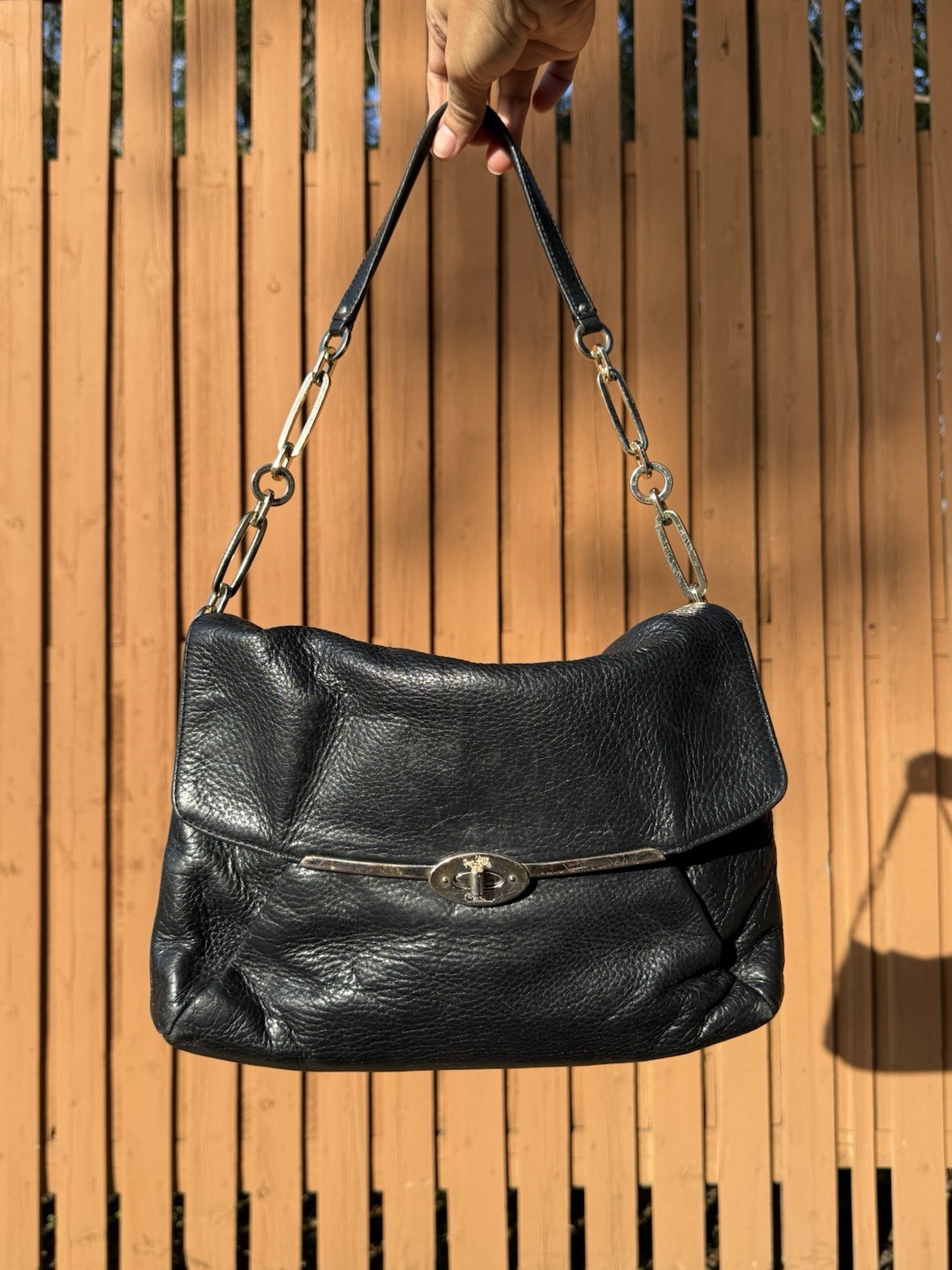 Coach Black Pebbled Shoulder Bag Turnlock & Zip Closure Silver Hardware