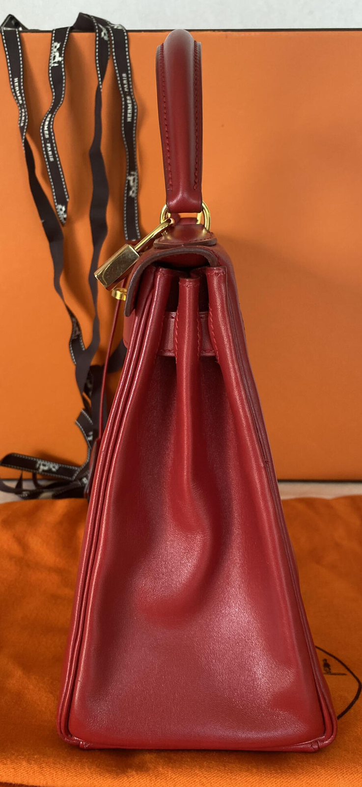 XLT Auth HERMES Rouge Garance VIF Gulliver Swift 28cm Kelly Retourne GHW