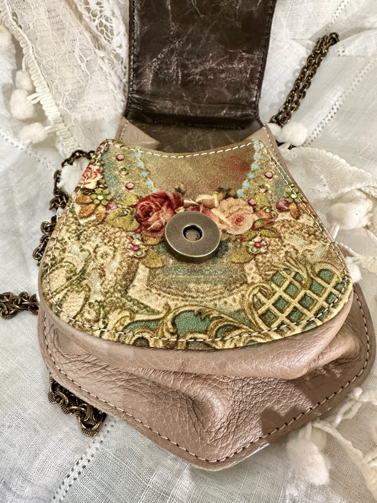 Michal Negrin printed leather w/Swarovski crystals cross body purse on chain