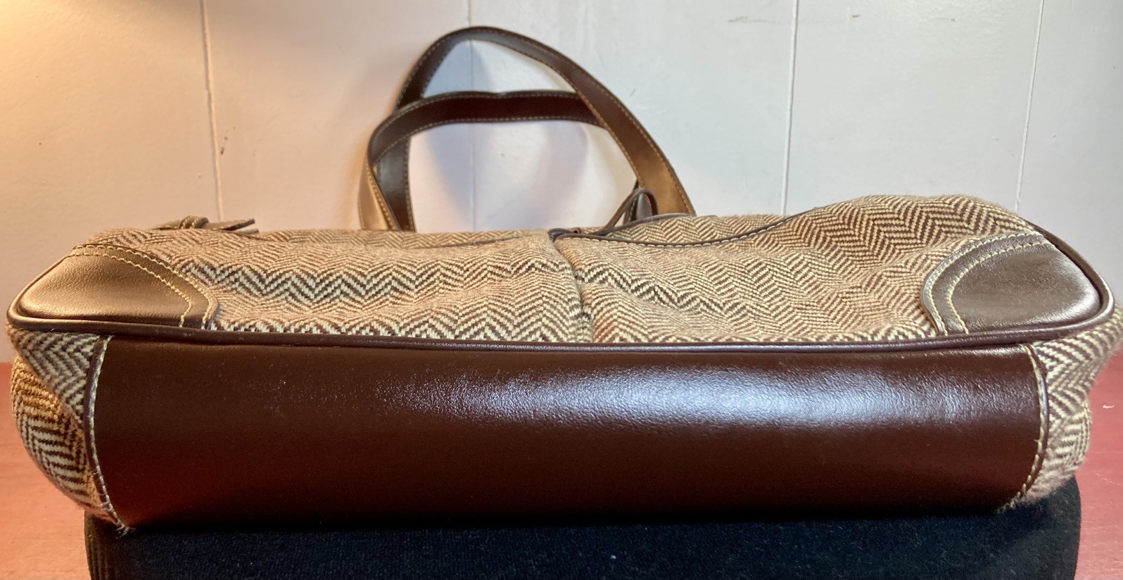 Vintage Chaps Brown Herringbone Tote Shoulder Bag Handbag Purse Double Handle