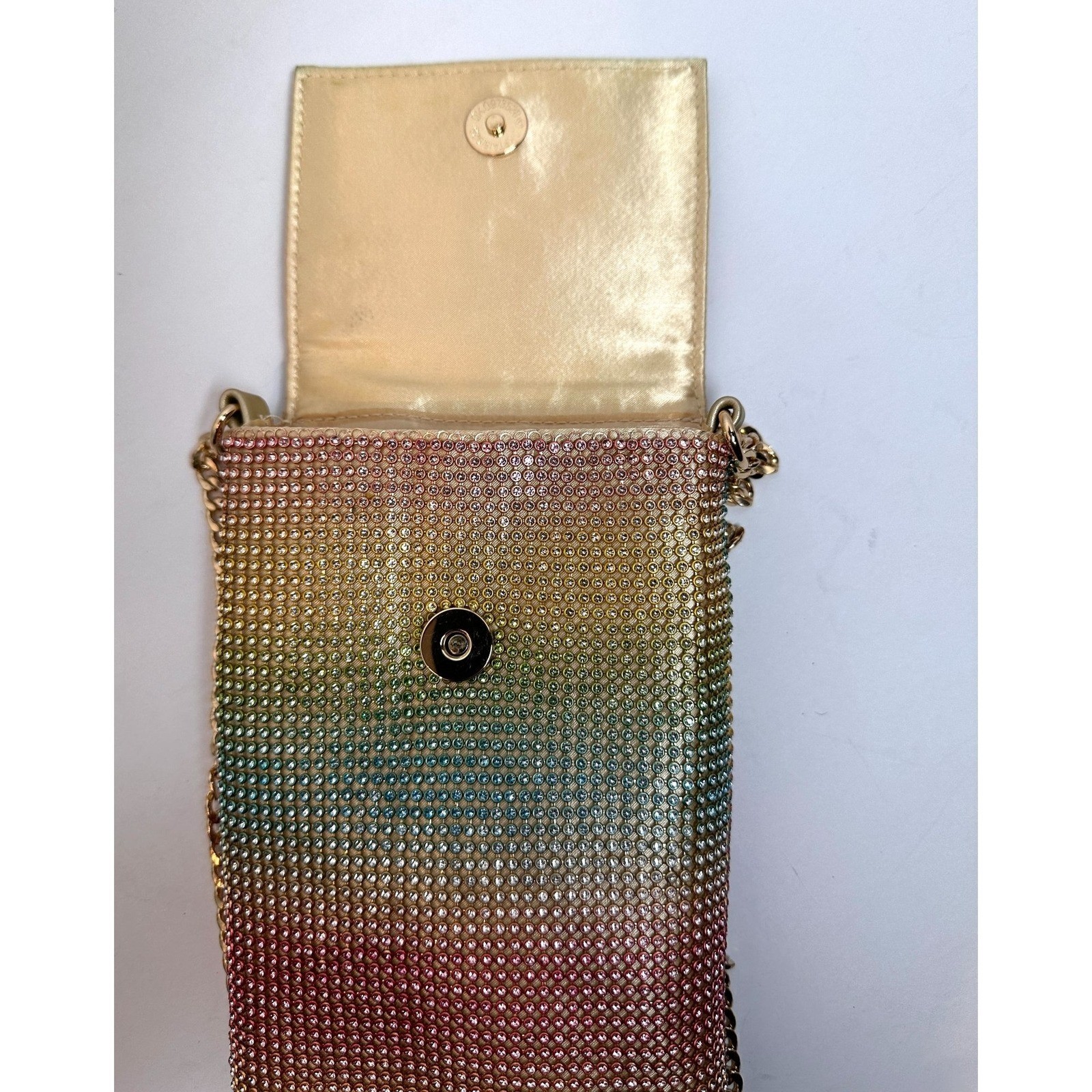 JustFab Rhinestone Crossbody Purse Rainbow Ombre Gold Chains Bling Glam Event