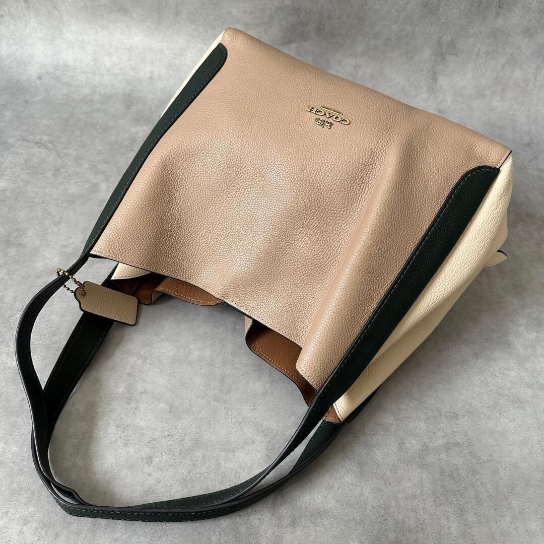 COACH Hadley Hobo Colorblock Leather Shoulder Bag Beige Black 11.8in NWT