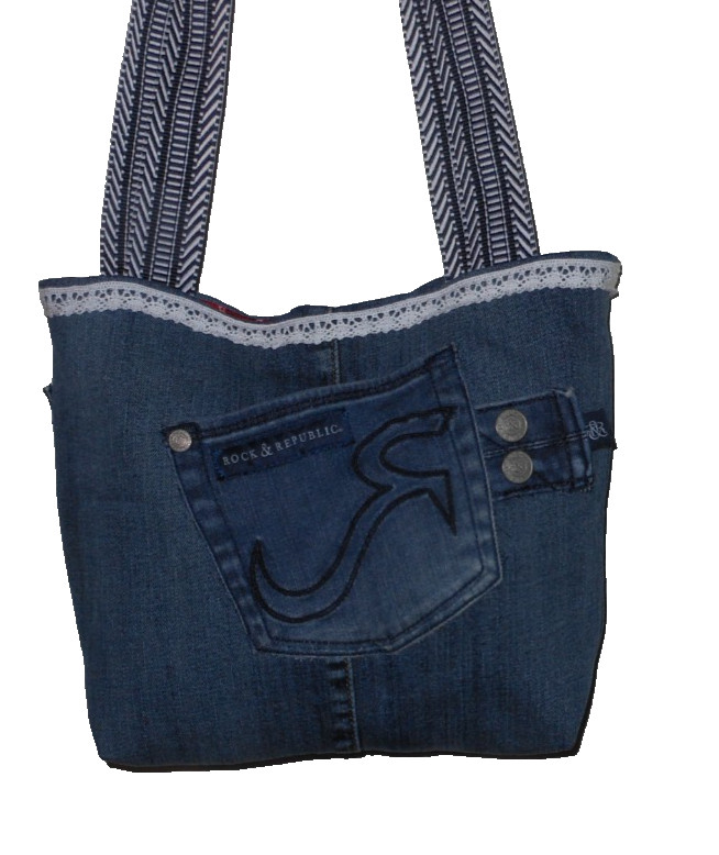 ROCK & REPUBLIC DENIM TOTE PURSE Bag Jeans Upcycled Sewn Shopper Handbag Tote