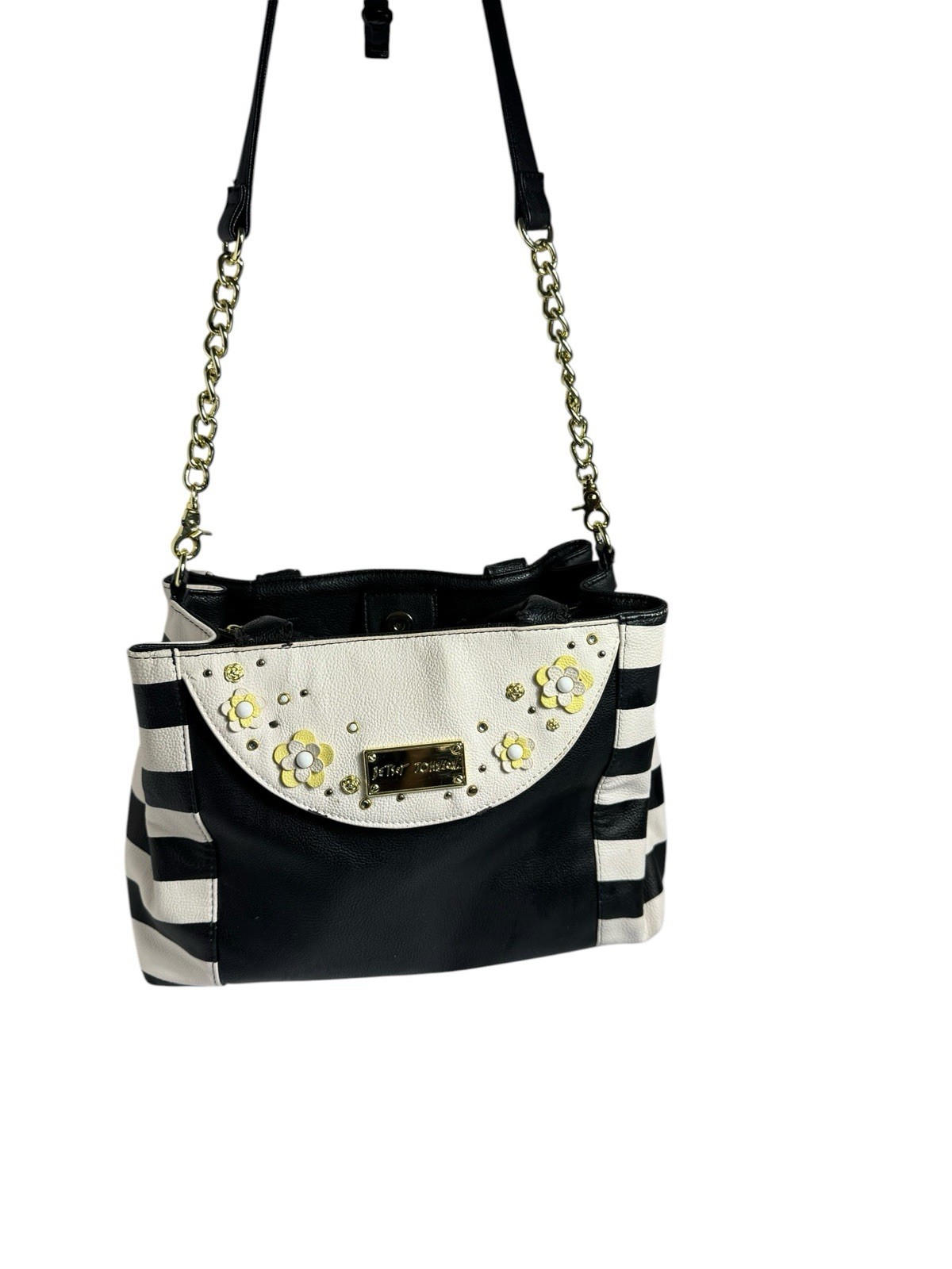 Betsey Johnson Black White Stripe Daisy Floral Tote Satchel Shoulder Bag