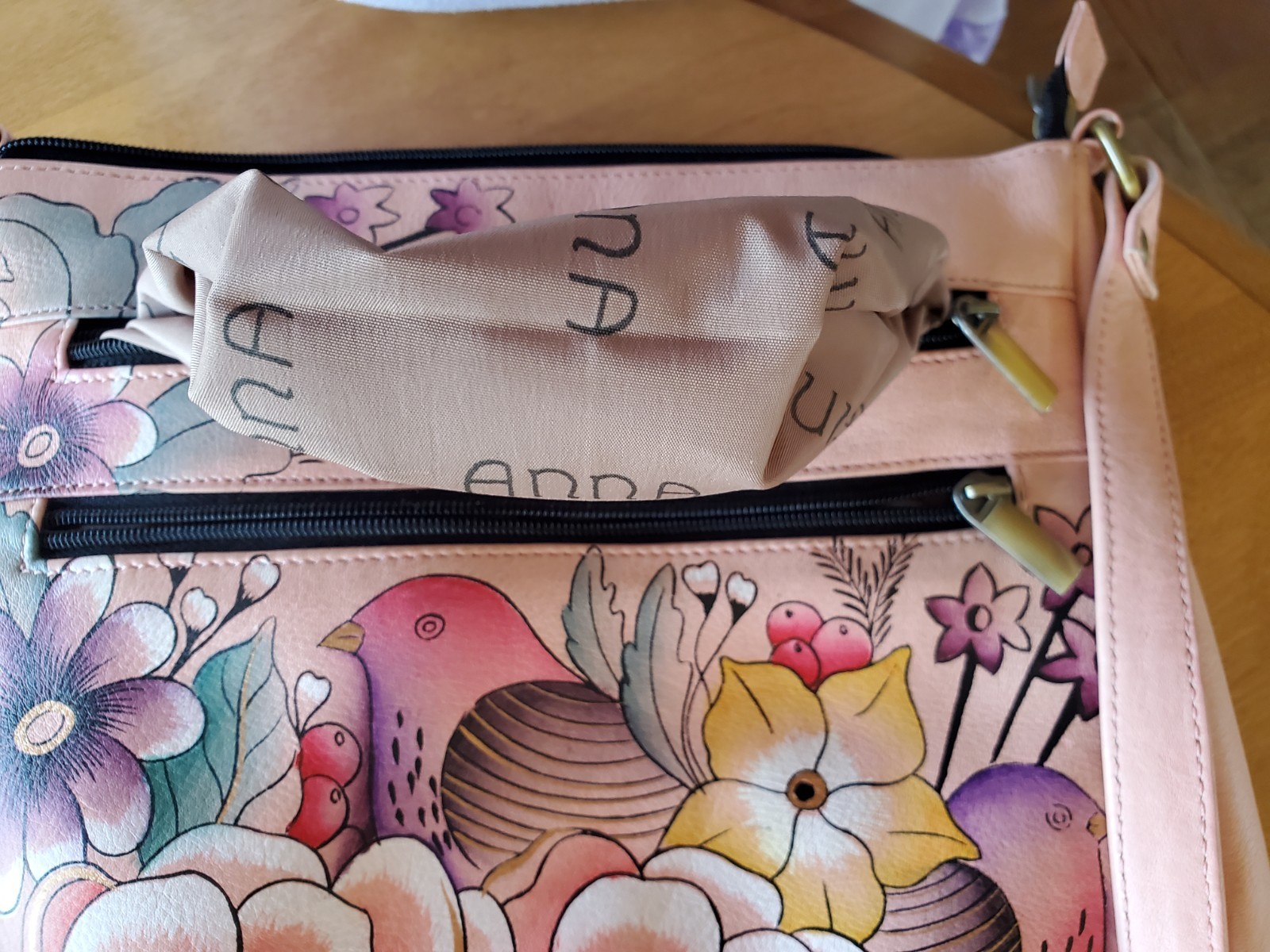 Anuschka Retro Crossbody Purse Pink w/ Birds and Flowers Adjustable strap
