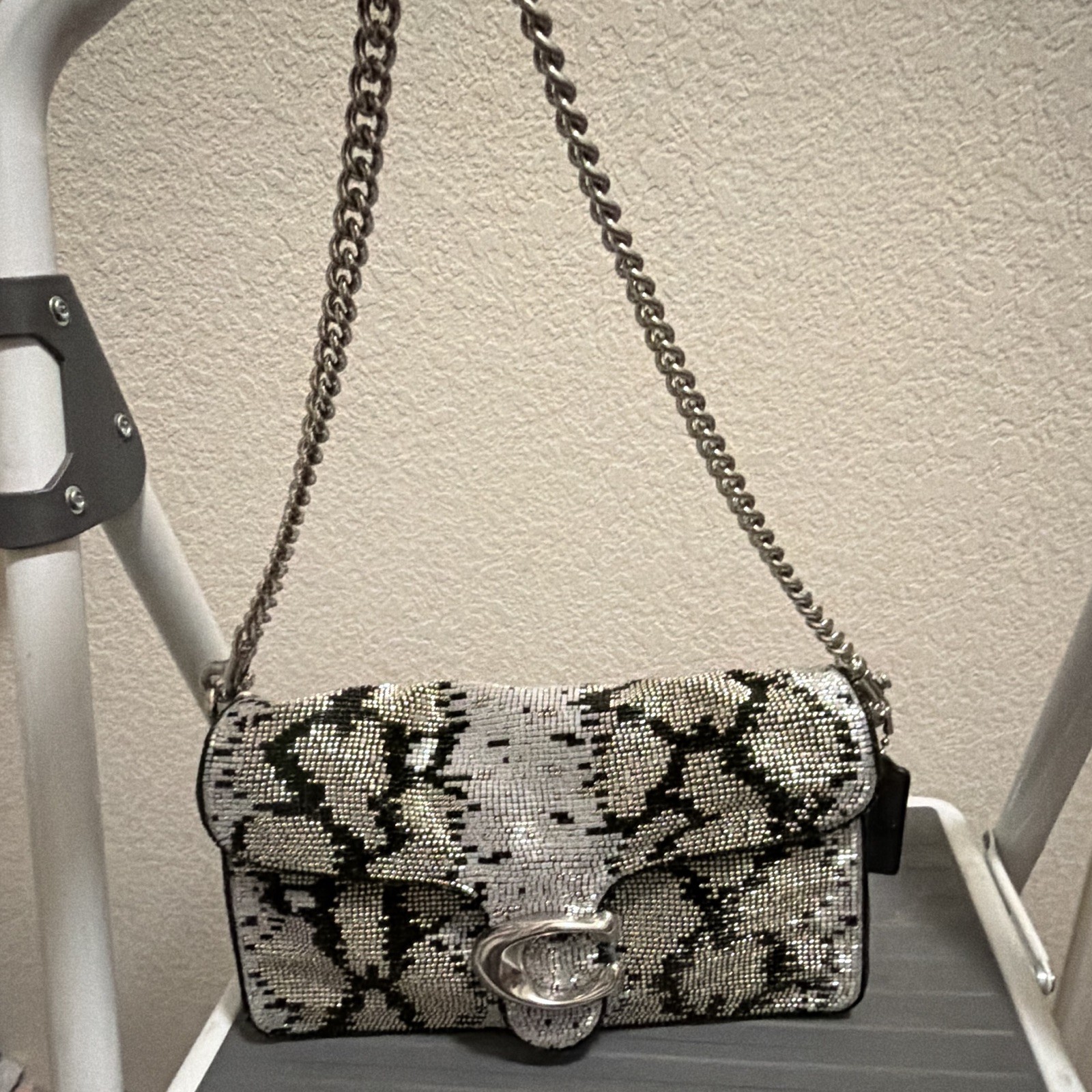 Coach Small Snake Print Shoulder Bag Black/Gray Silver Turn Lock Chain Strap