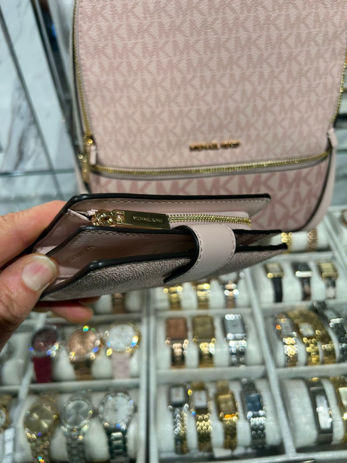 Michael Kors Rhea Medium Backpack Women PVC Bag + Bifold Wallet Set Powder Blush