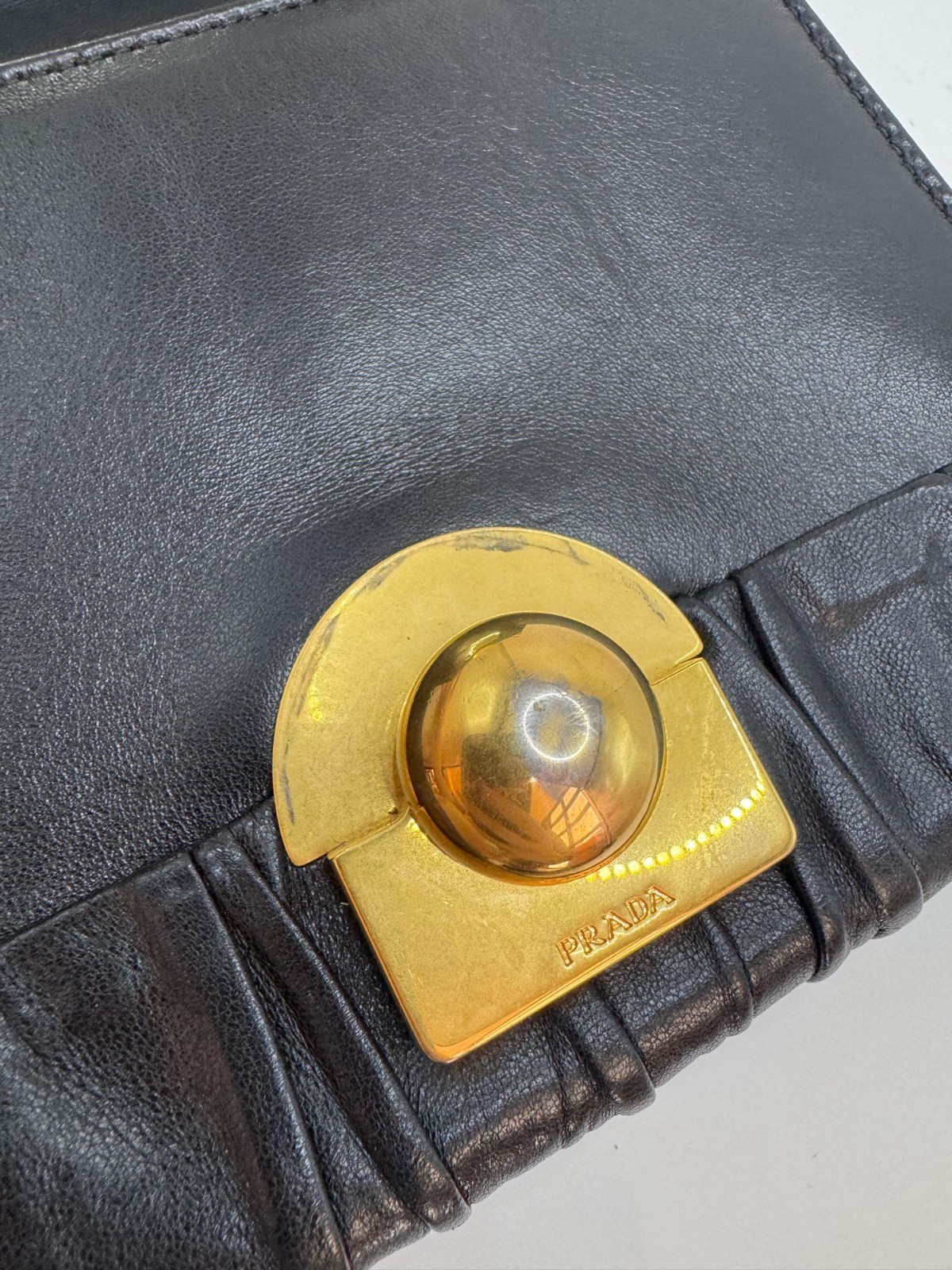 Prada black gold pleated chain bag with mirror sheepskin normal use traces