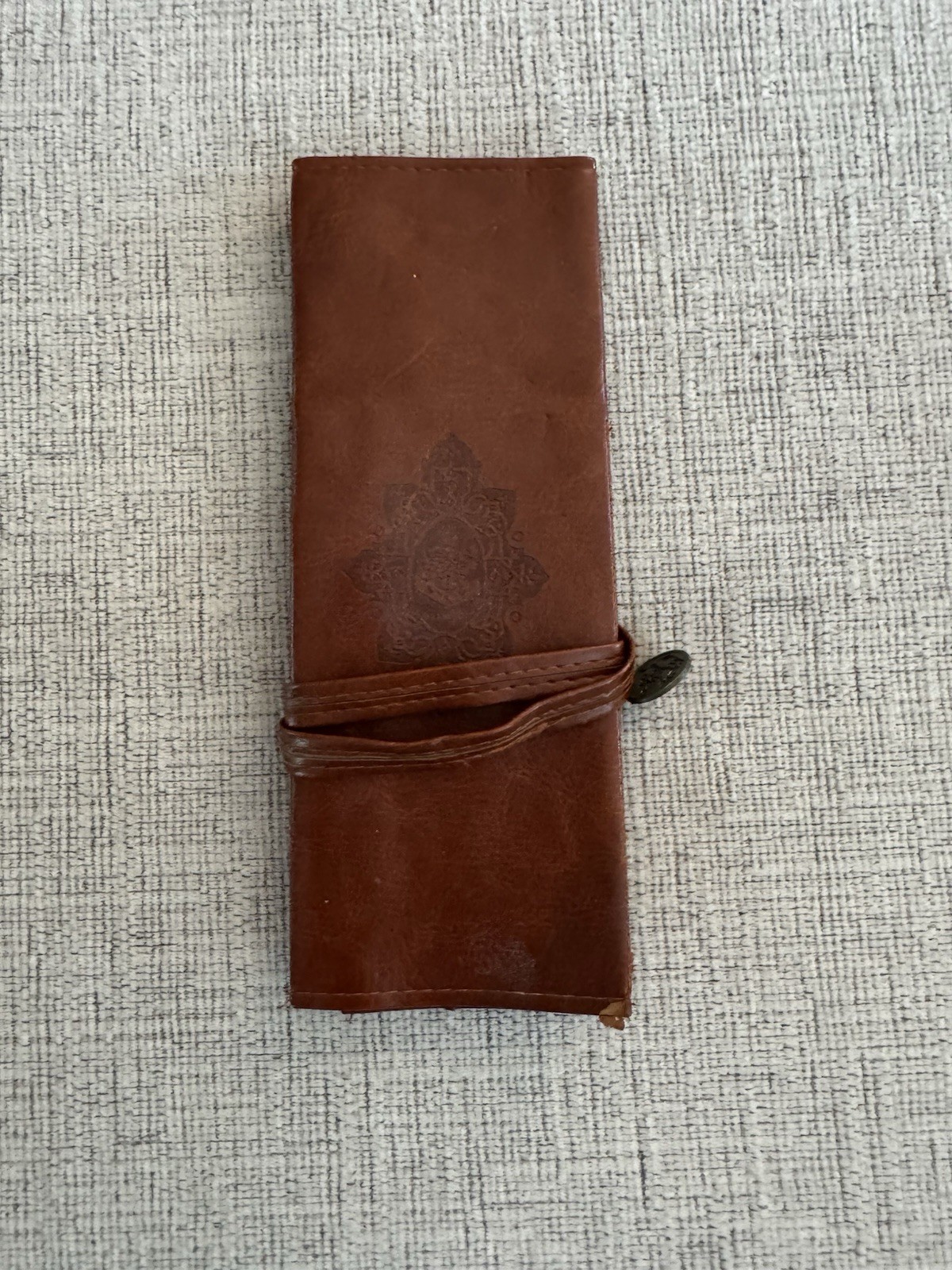 Twilight Leather Wristlet Clutch Brown Embossed Crest Strap 7.75”