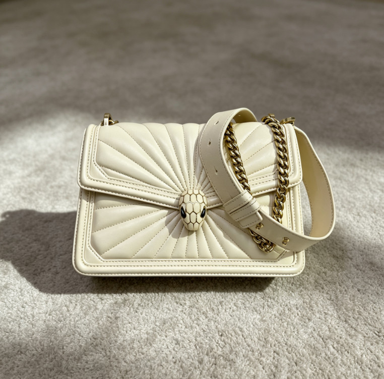 AUTH Bvlgari Serpenti Forever Cream White Quilted Medium Crossbody Bag