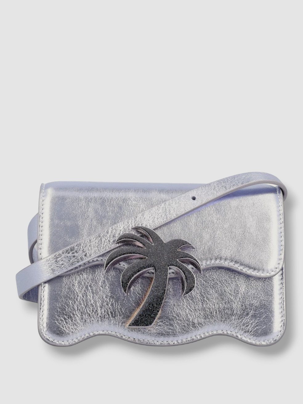 $1628 Palm Angels Women’s Silver Beach Sparkly Metallic Wave Crossbody Bag