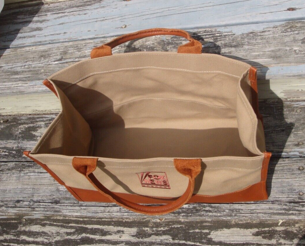 FOX NEWS Large Boat Tote Shopper Heavy Canvas Leather Brown Beige Beach Bookbag