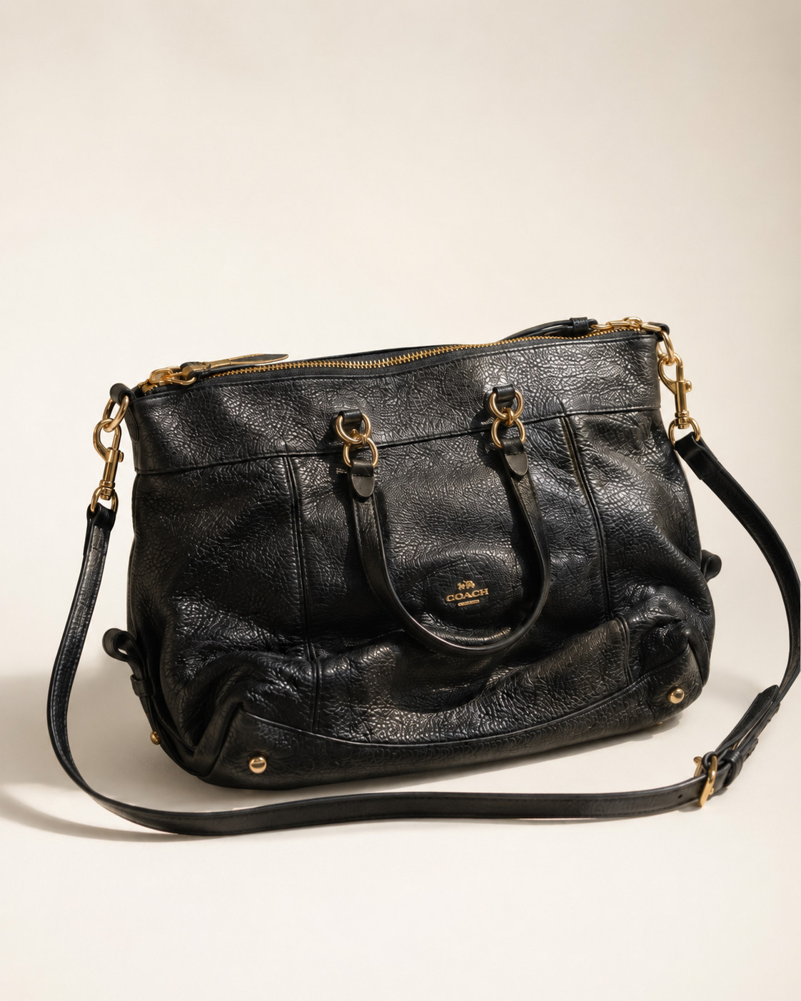 Coach Black Pebbled Leather Top Handle Crossbody Classic Gold HW Orig$450