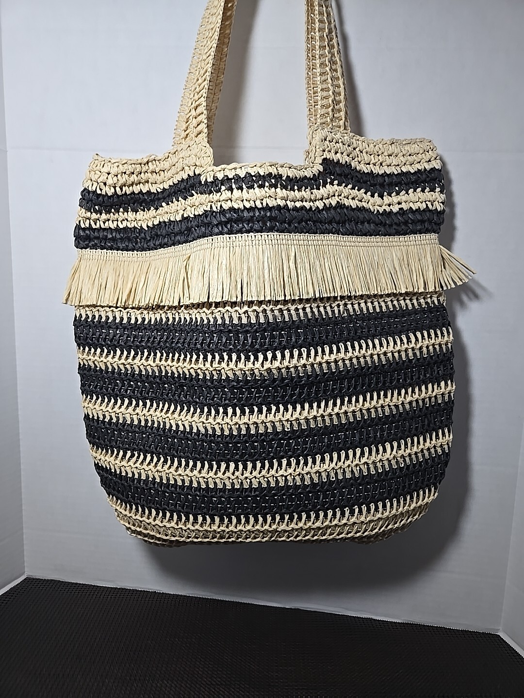 Woven Stripe Straw Tote Bag with Fringe Natural/Black Stripe 16 x 16