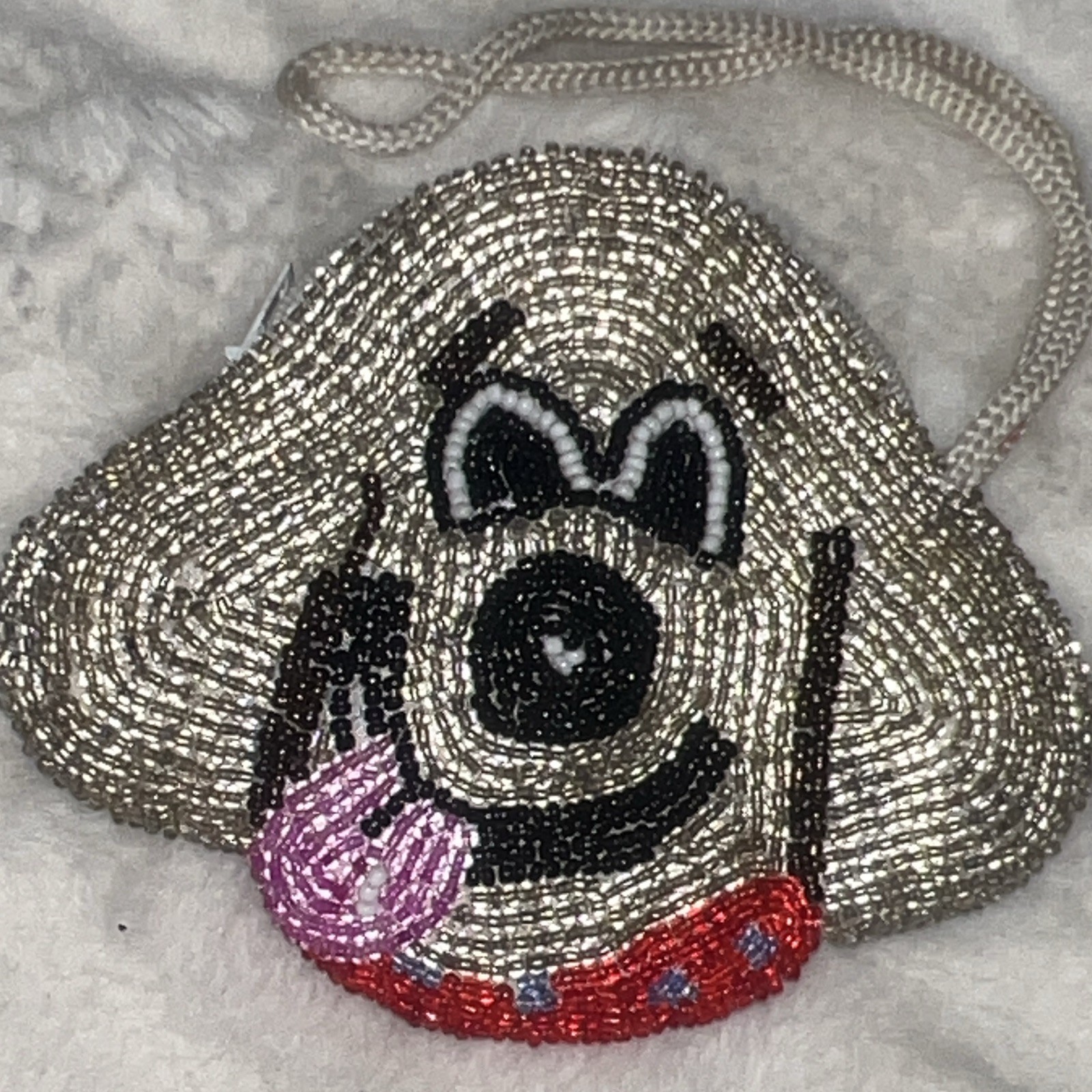 Beaded Dog Face Silver Zip Shoulder Bag w/ Rope Strap, Lined, Women’s