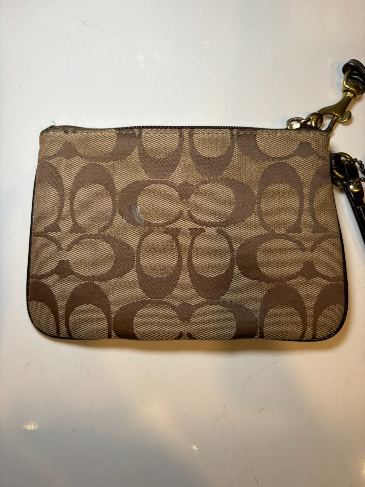 Coach Signature Stripe Wristlet Khaki Mahogany Brown Canvas Leather