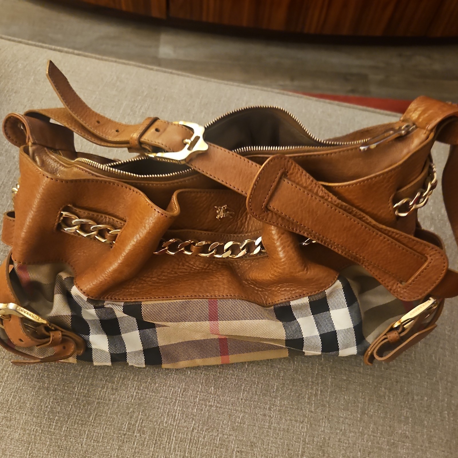 Burberry Plaid Zip Shoulder Bag Brown Beige with Chain & Buckle Accents