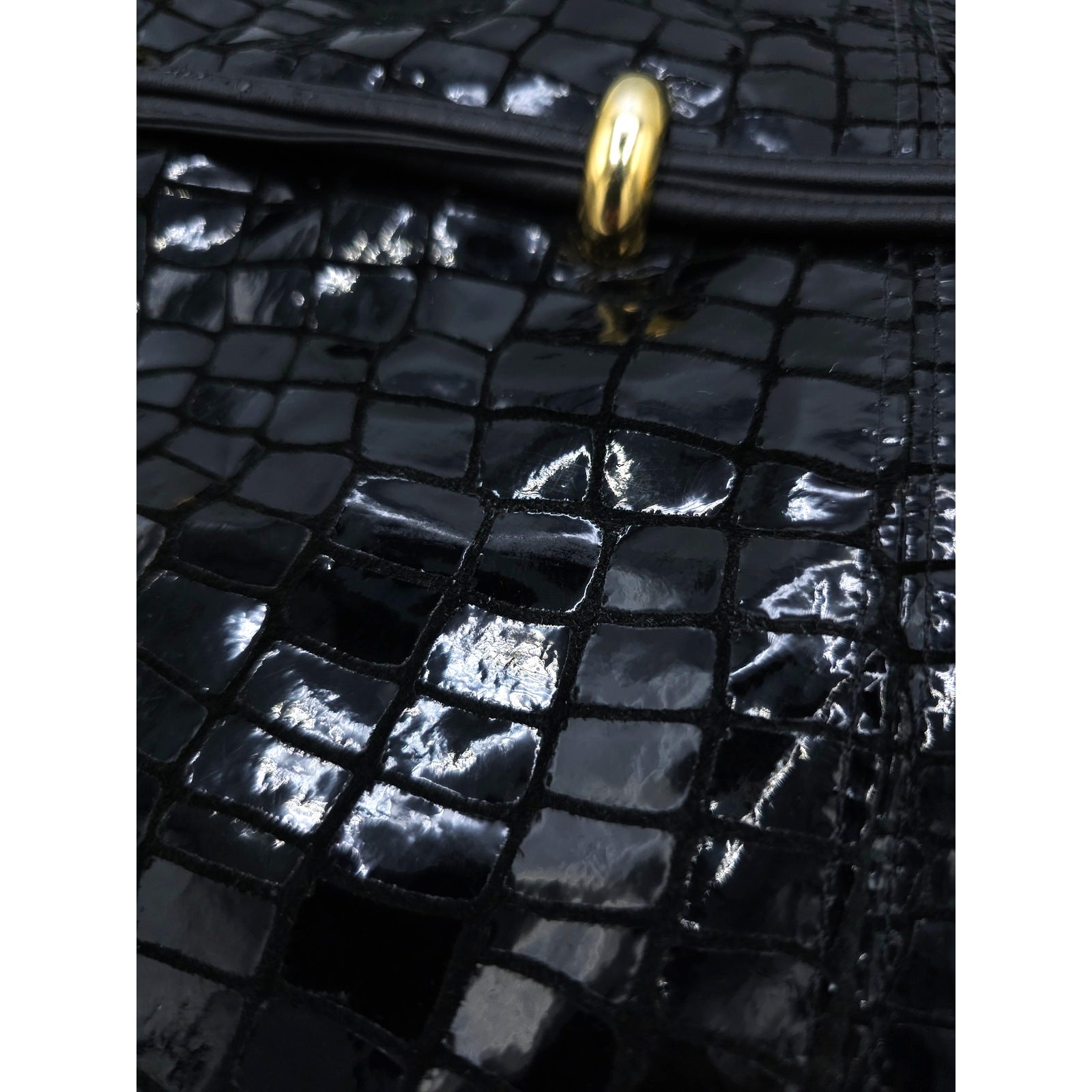 Andre Oliver Croc Embossed Faux Patent Leather Handbag Black Gold Accents
