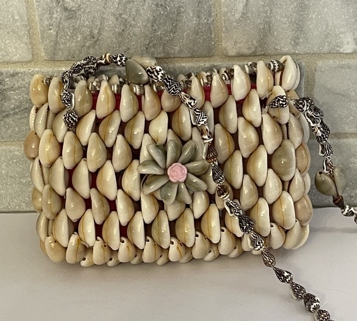 Unique polished Seashell Crossbody Purse 5 1/2 x 4 in, 17 in long- Gorgeous