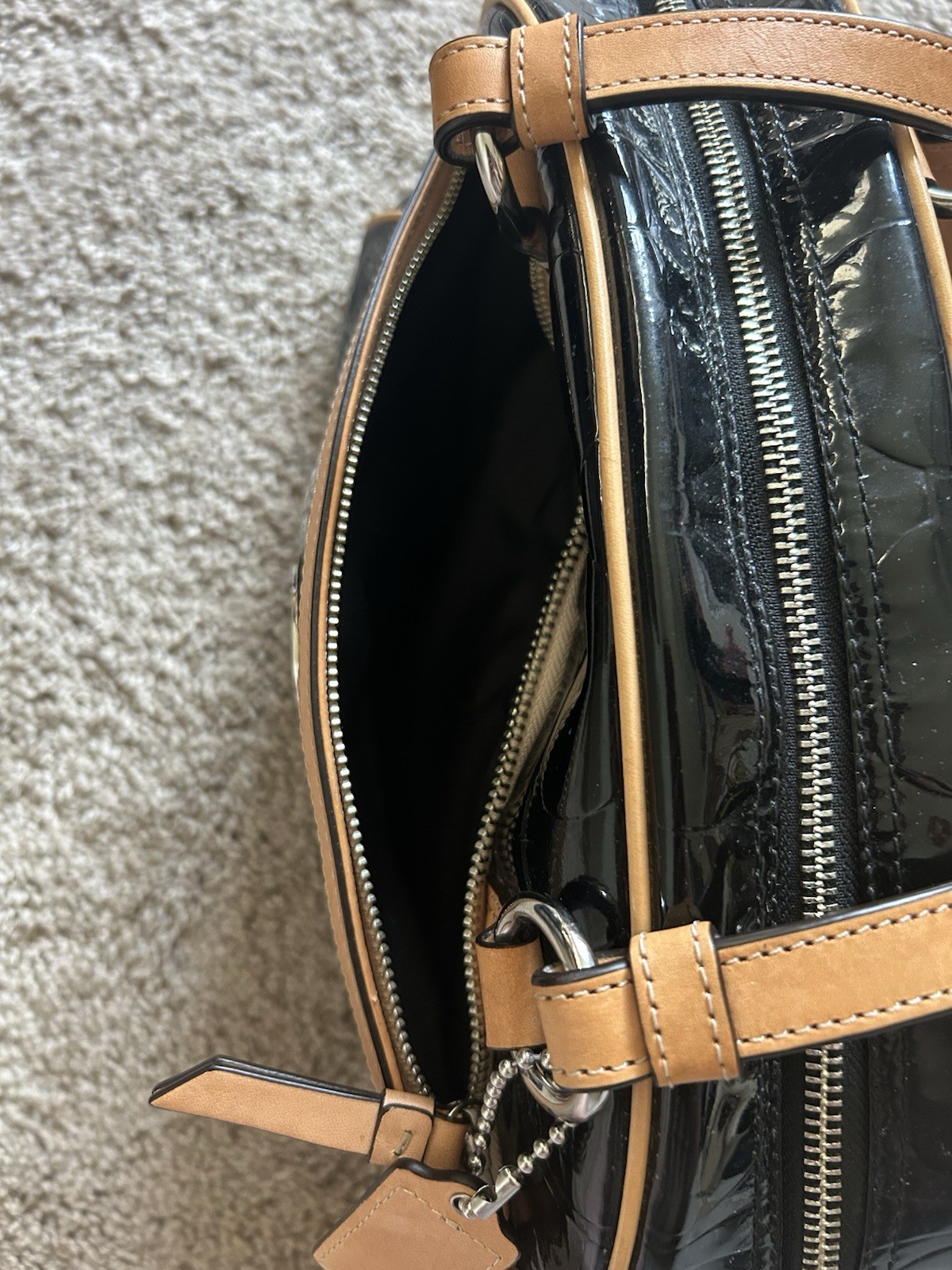 Patent Leather Coach “Peyton” F20065 Purse Black w/Tan Leather Accents