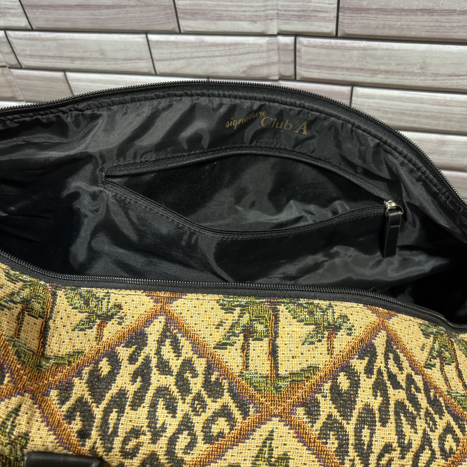 Y2K Club A Tote Bag Large 21×17 Leopard Palm Trees Black Faux Leather Trim VTG