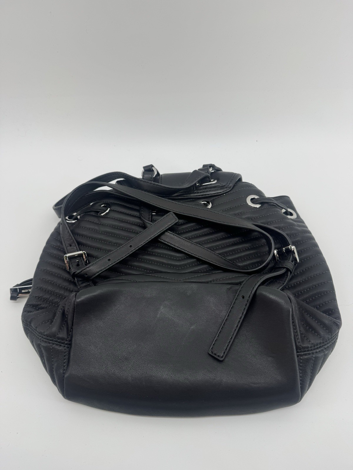 Michael Kors Medium Black Quilted Backpack Drawstring Push Lock Silver Pouch