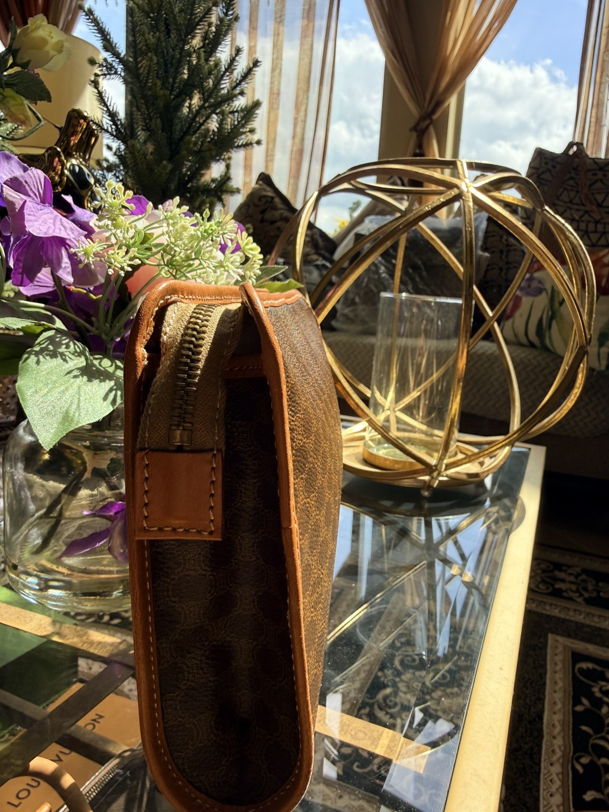 Vintage Celine Macadam Zip Clutch Brown Canvas Leather