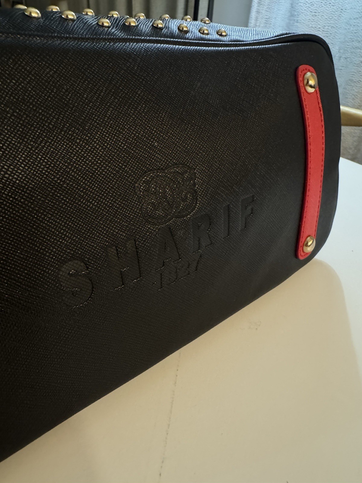 NWT Original by Sharif 1827 Black Studded Leather Shoulder Bag Red Trim Chain