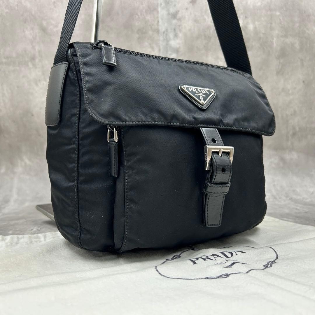 Excellent Prada Shoulder Bag 2-Way Triangle Logo Pochette Nero