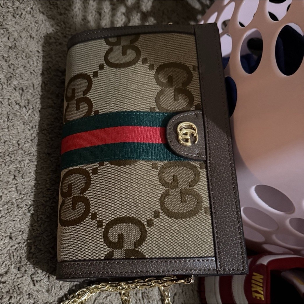 Gucci GG Monogram Web Stripe Small Rectangle Shoulder Bag Gold Chain Strap Snap
