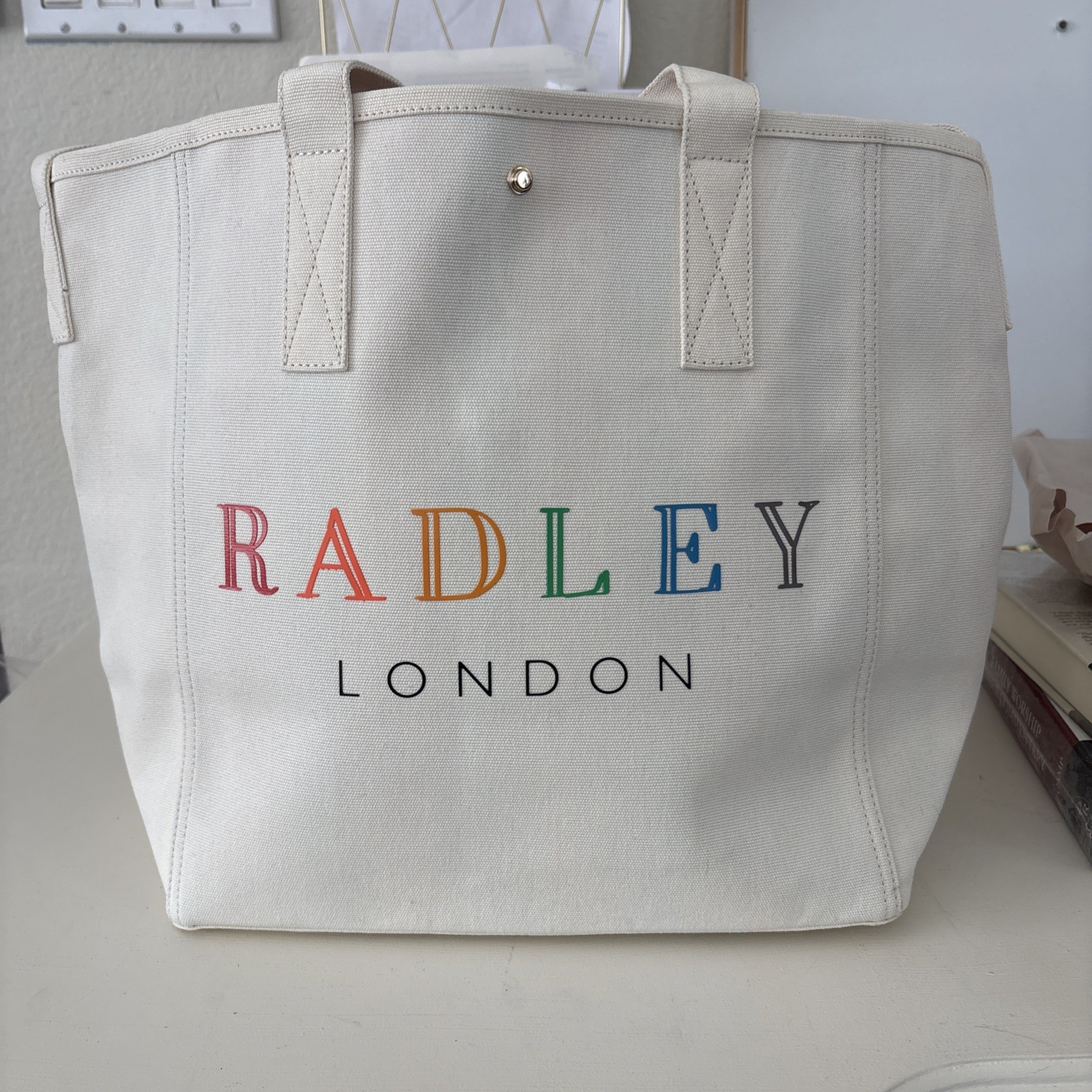 Radley London High Quality Canvas Beach Tote Shoulder Bag – Cream Rainbow