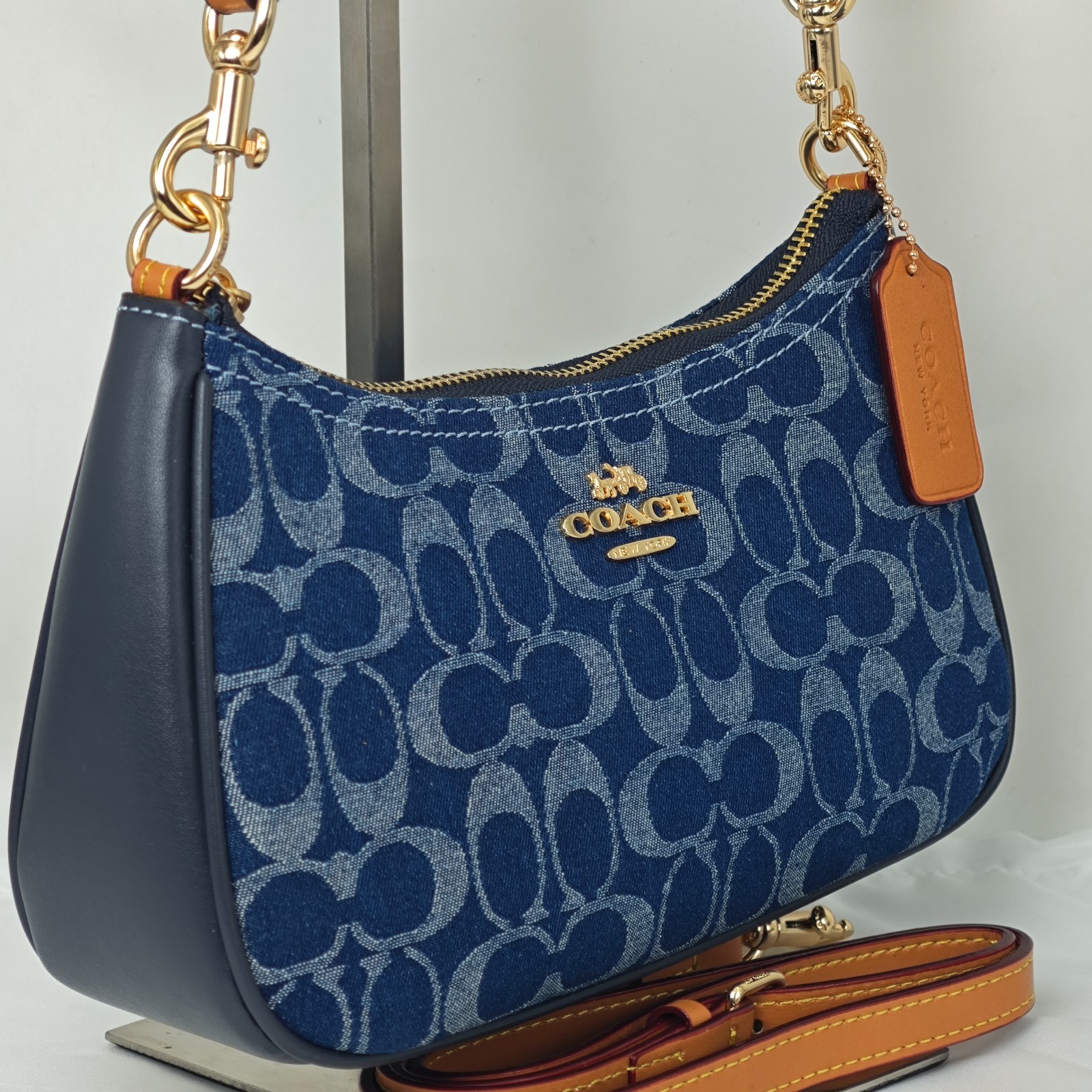 COACH Teri Shoulder Bag Blue Signature Denim Leather Convertible Purse