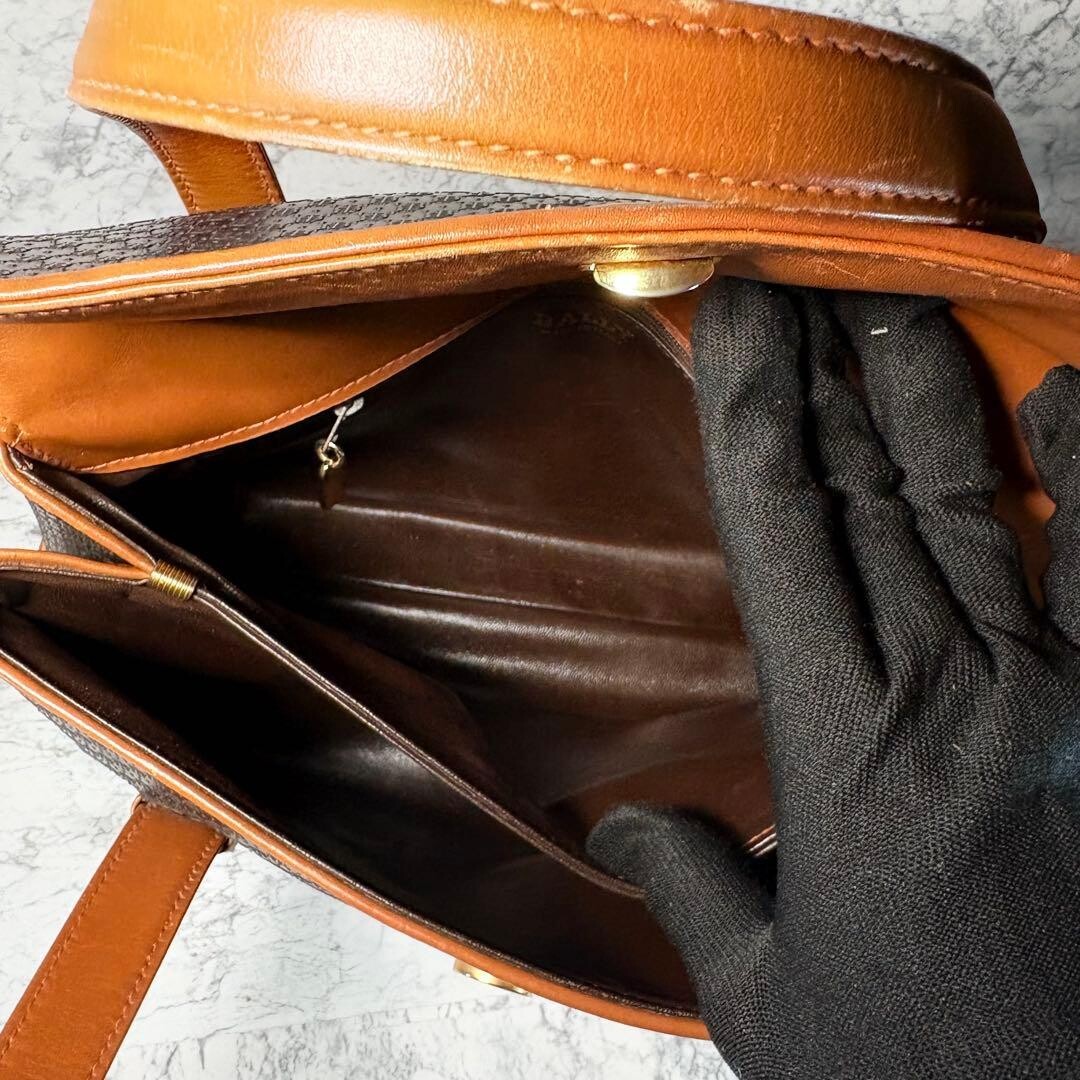 BALLY Vintage Monogram Tote Bag Black Brown Canvas Leather Women Flap 32cm