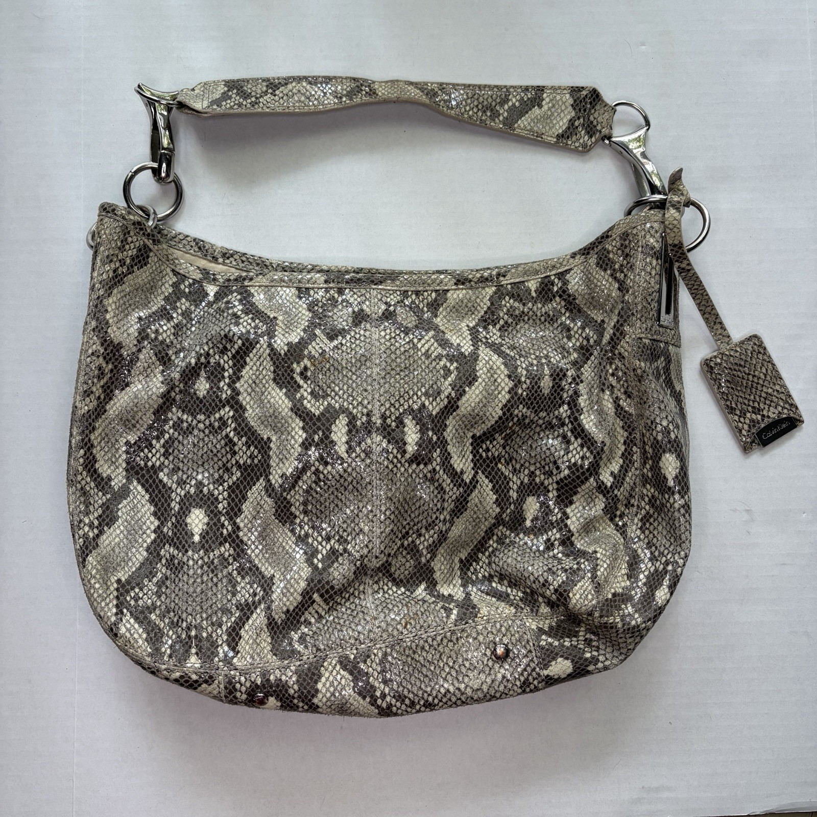 Calvin Klein Black White Snake Print Hobo Shoulder Bag Zip Closure Inner Pockets