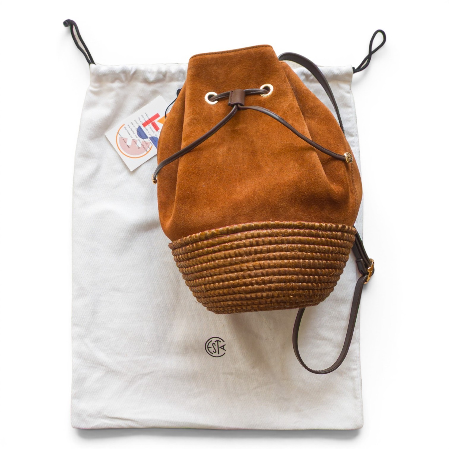 Cesta Collective Chestnut Suede Bucket Bag Woven Sisal Crossbody