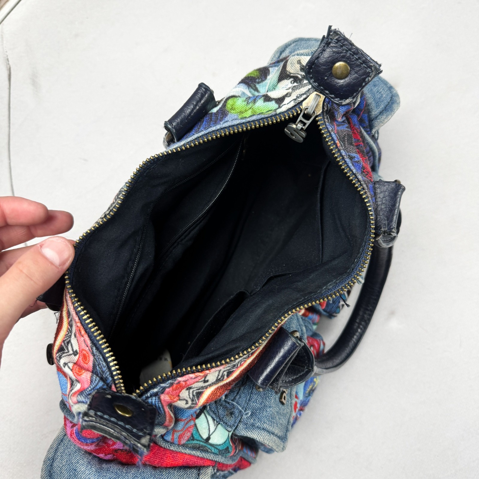 VTG Desigual Y2K Patchwork Denim Floral Multi Pocket Handbag Colorful Boho Bag