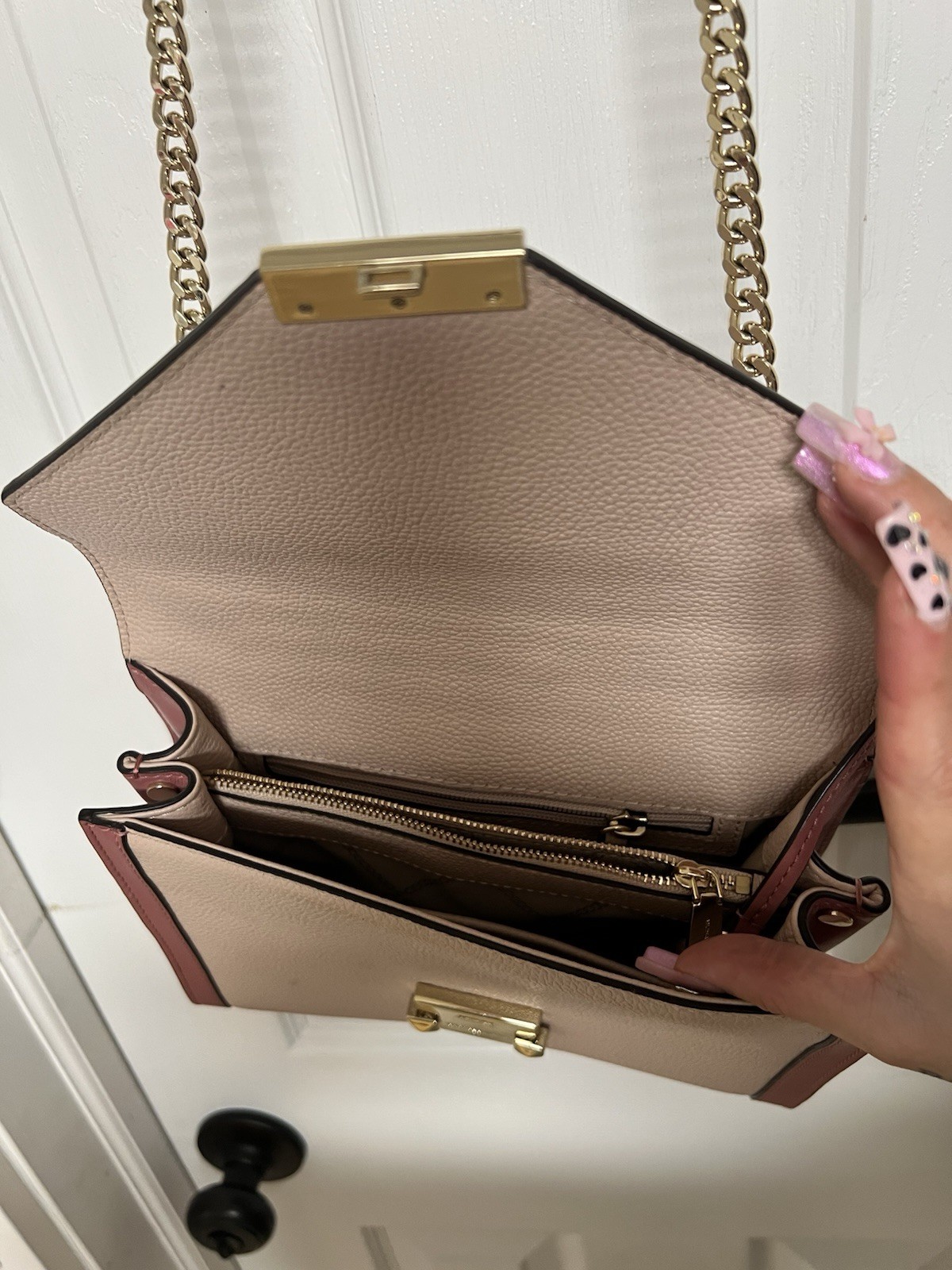 New Michael Kors Whitney bicolor leather small shoulder bag soft pink gold chain