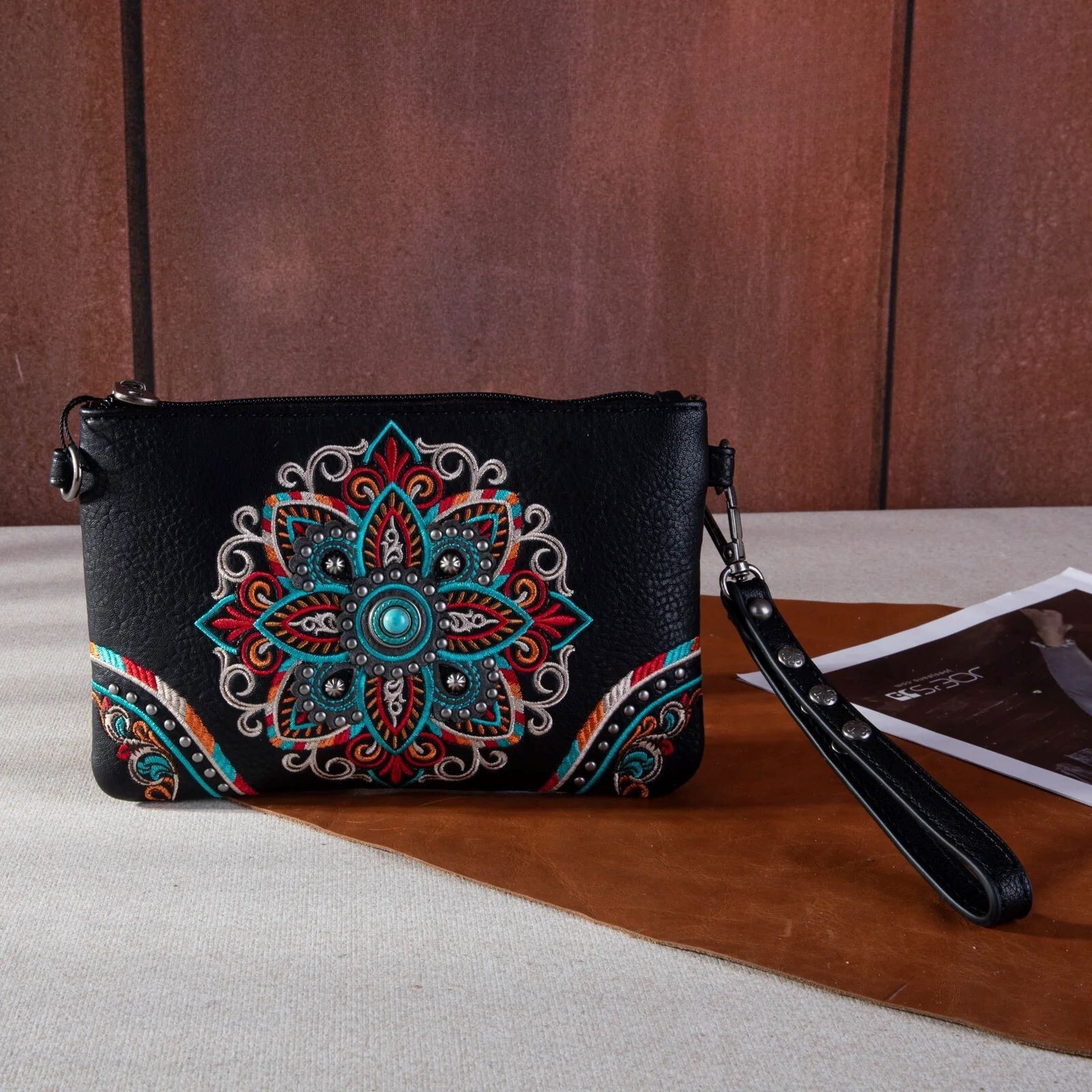 Montana West Embroidered Mandala Purse Western Crossbody Bag Wristlet Black