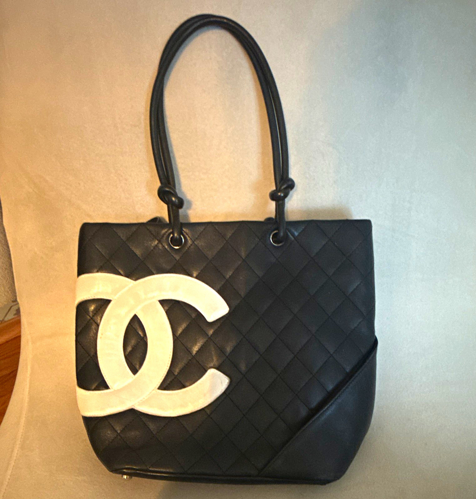 CHANEL Women’s Black Quilted Tote w/ White CC Logo, Pink Lining, Silver HW