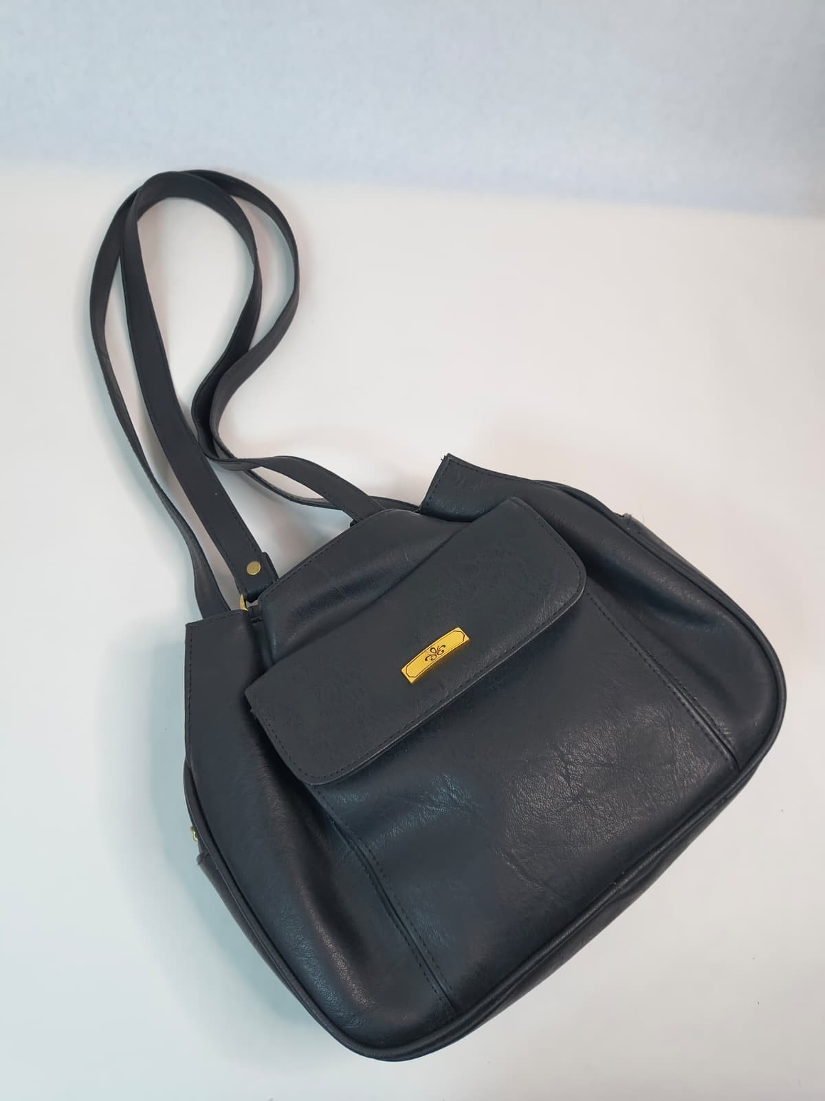 Black Pebble Faux Leather Shoulder Bag Purse Gold Medallion Multi Compartment