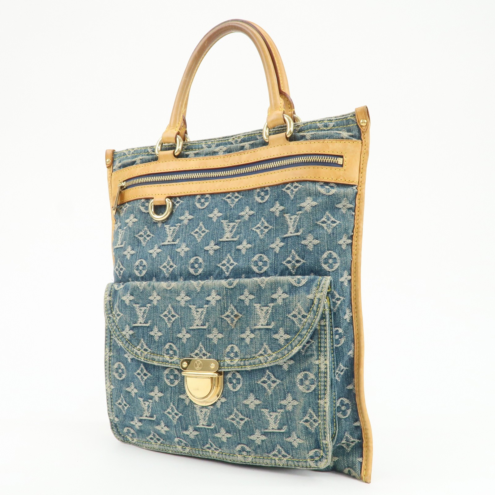 Louis Vuitton Monogram Denim Flat Shopper Tote Bag Blue M95018 Auth Used F/S