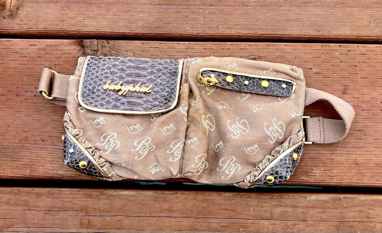 Vtg Y2K Baby Phat Fanny Pack Cross Body Bag Brown Monogram Logo Studs Crystal