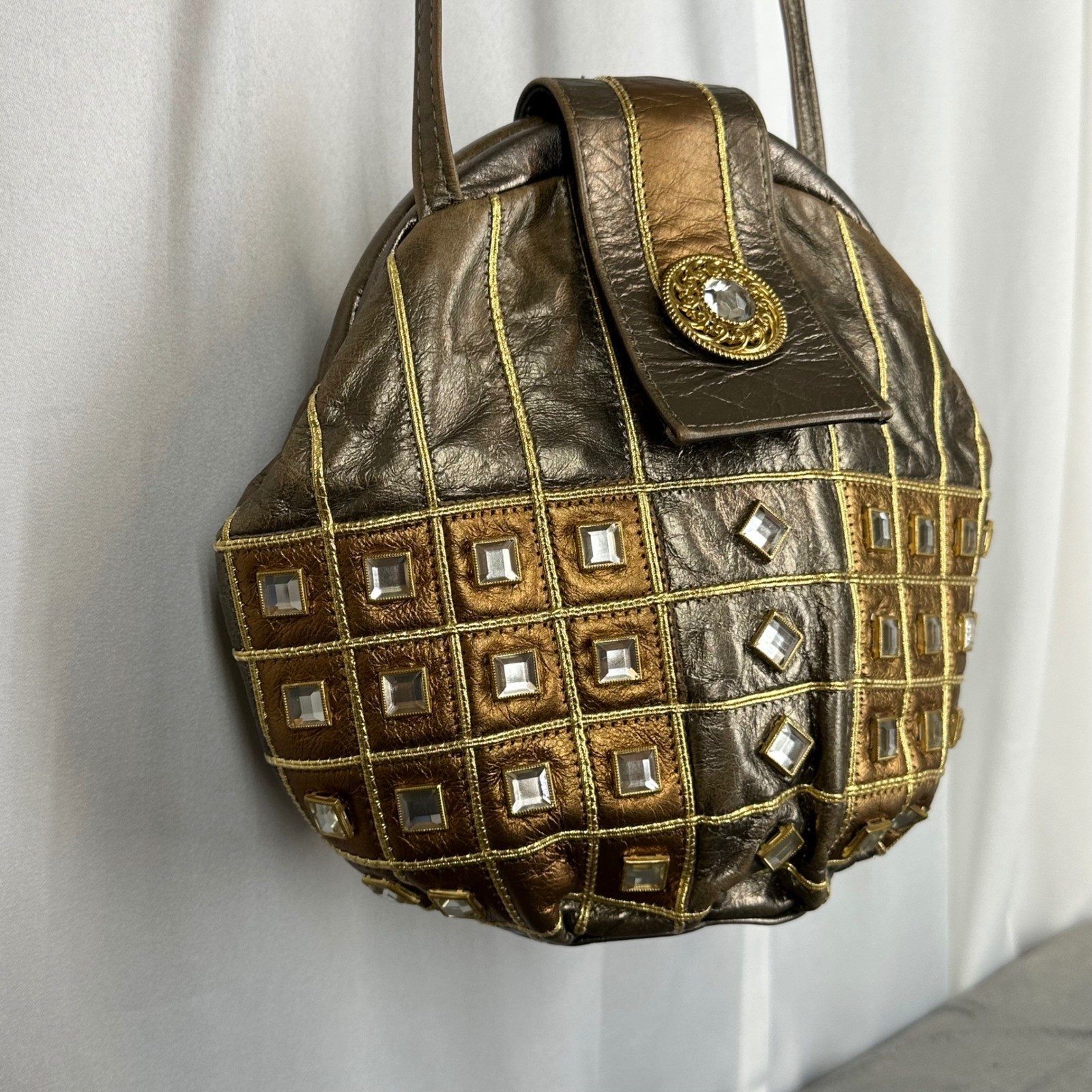 Metallic Bronze Gold Embellished Crossbody Bag Rhinestone Grid Vintage READ
